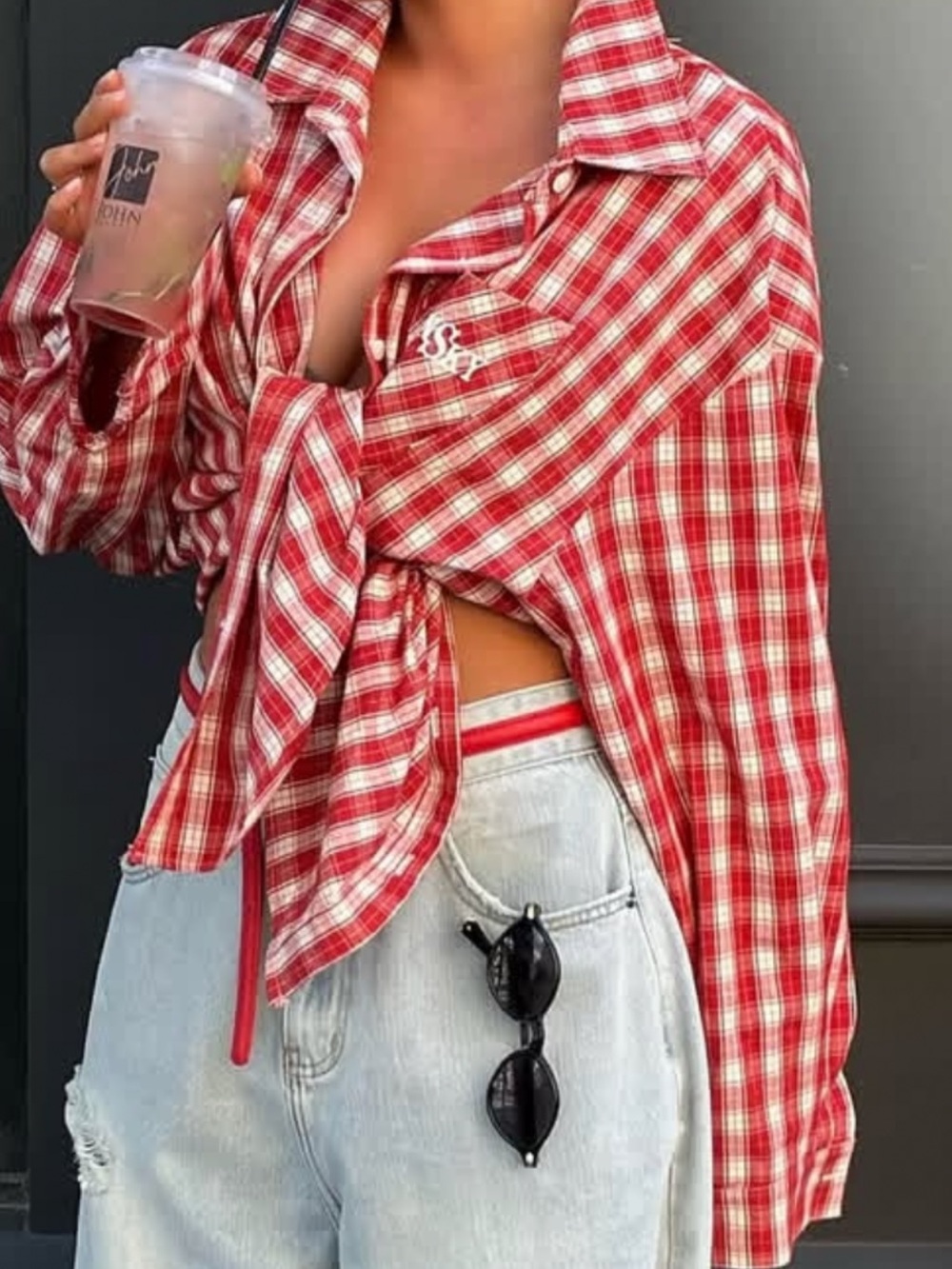 BDG Men's Red and White Plaid Button Down Shirt